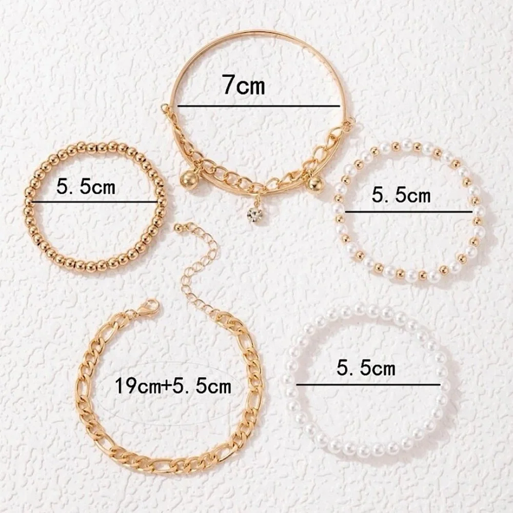 Gold Plated Chain and Faux Pearl Bracelets - set of 5 - Picture 5 of 5